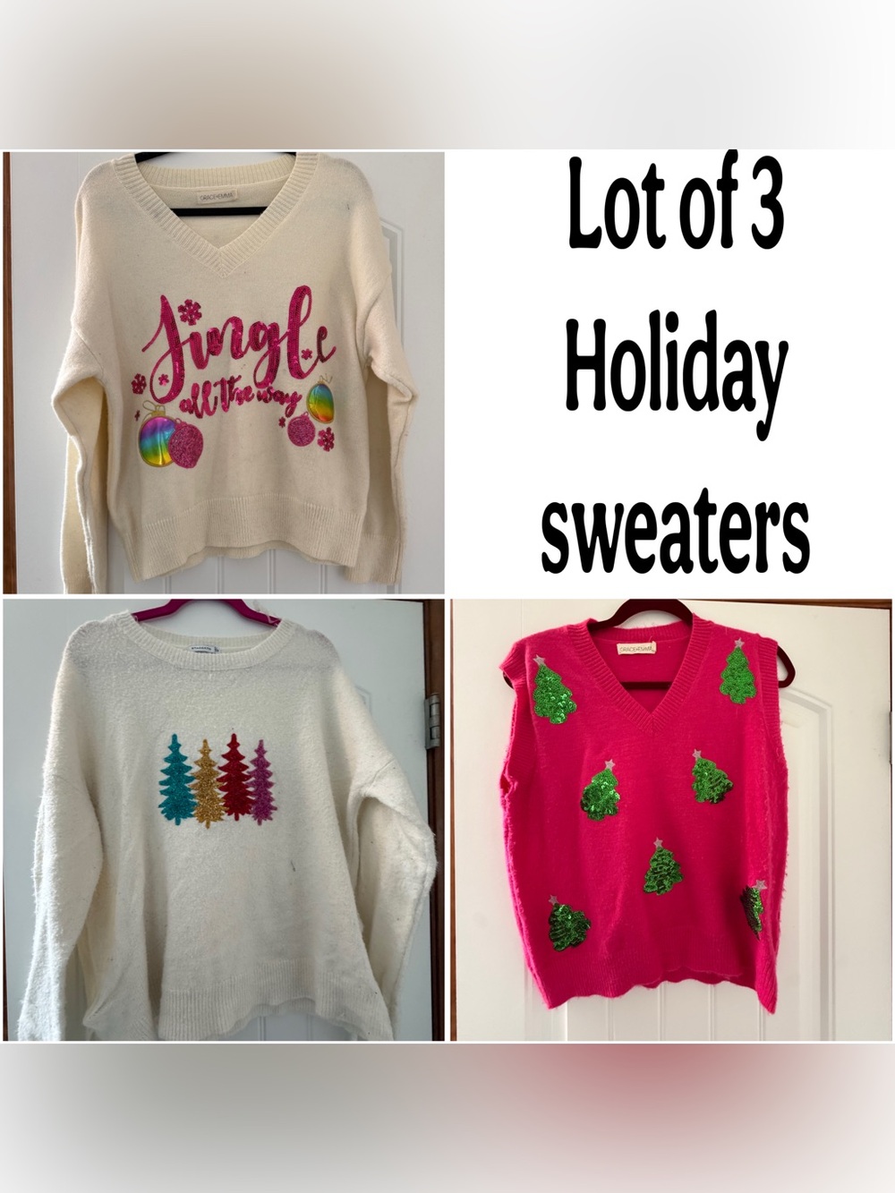 Holiday Sweater Set, 3 Christmas Sweaters-as is, 2 M, 1 S